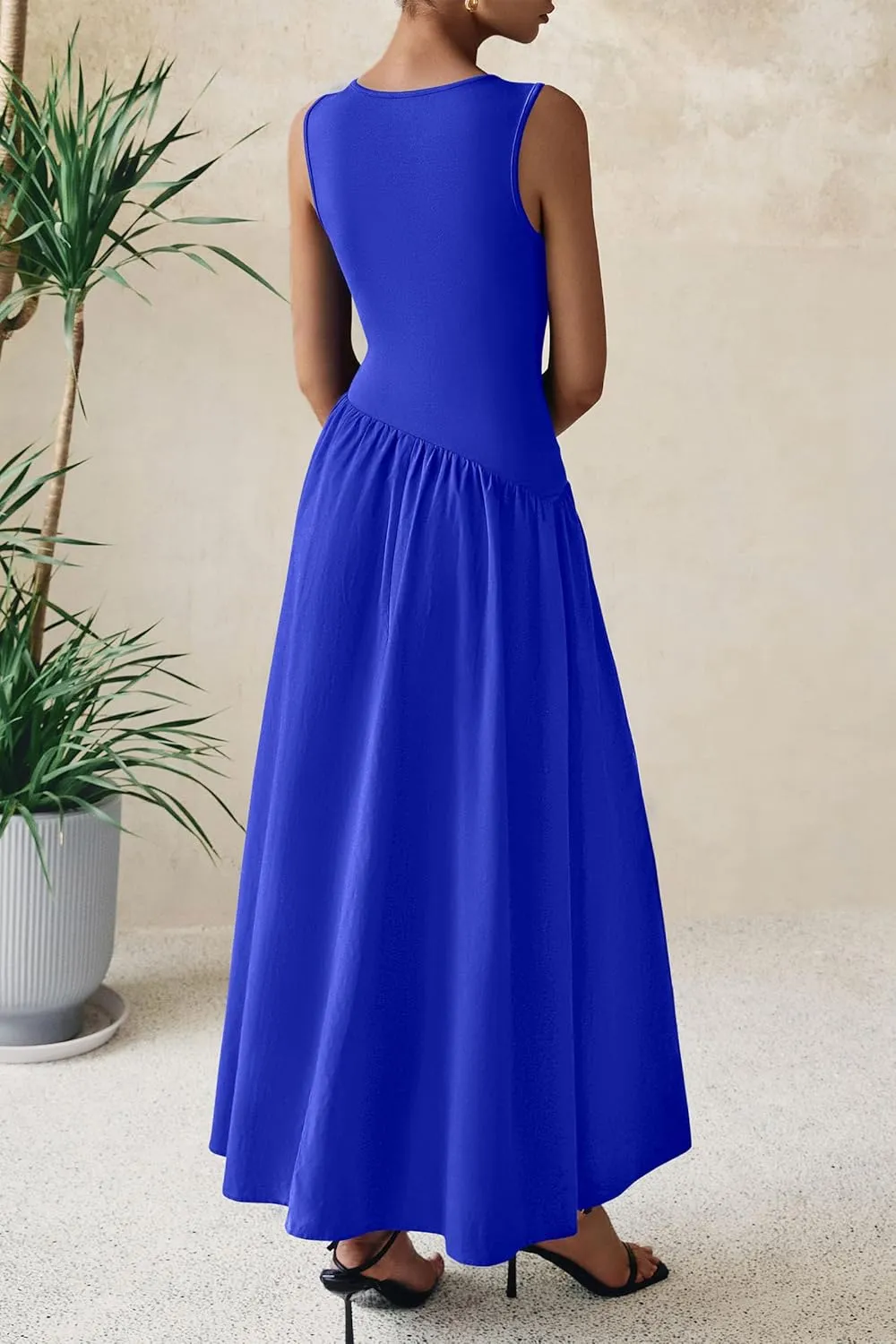 PRETTYGARDEN Women's Maxi Sundress Casual Summer 2025 Sleeveless Asymmetrical Drop Waist Patchwork Long Flowy Tank Dresses