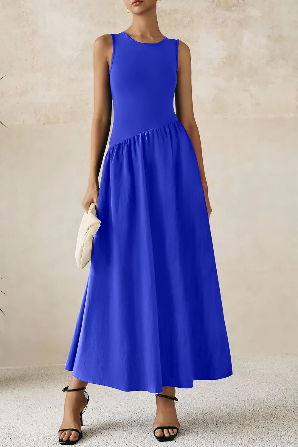 PRETTYGARDEN Women's Maxi Sundress Casual Summer 2025 Sleeveless Asymmetrical Drop Waist Patchwork Long Flowy Tank Dresses