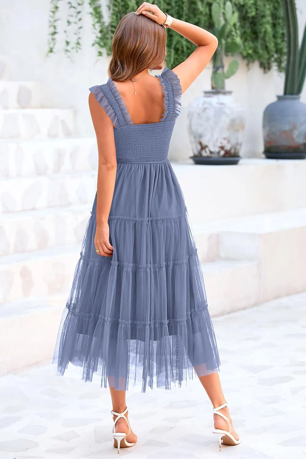 PRETTYGARDEN Women's Summer Tulle Midi Dress Sleeveless Smocked Ruffle Mesh Flowy Dresses Party Wedding Guest Sundress