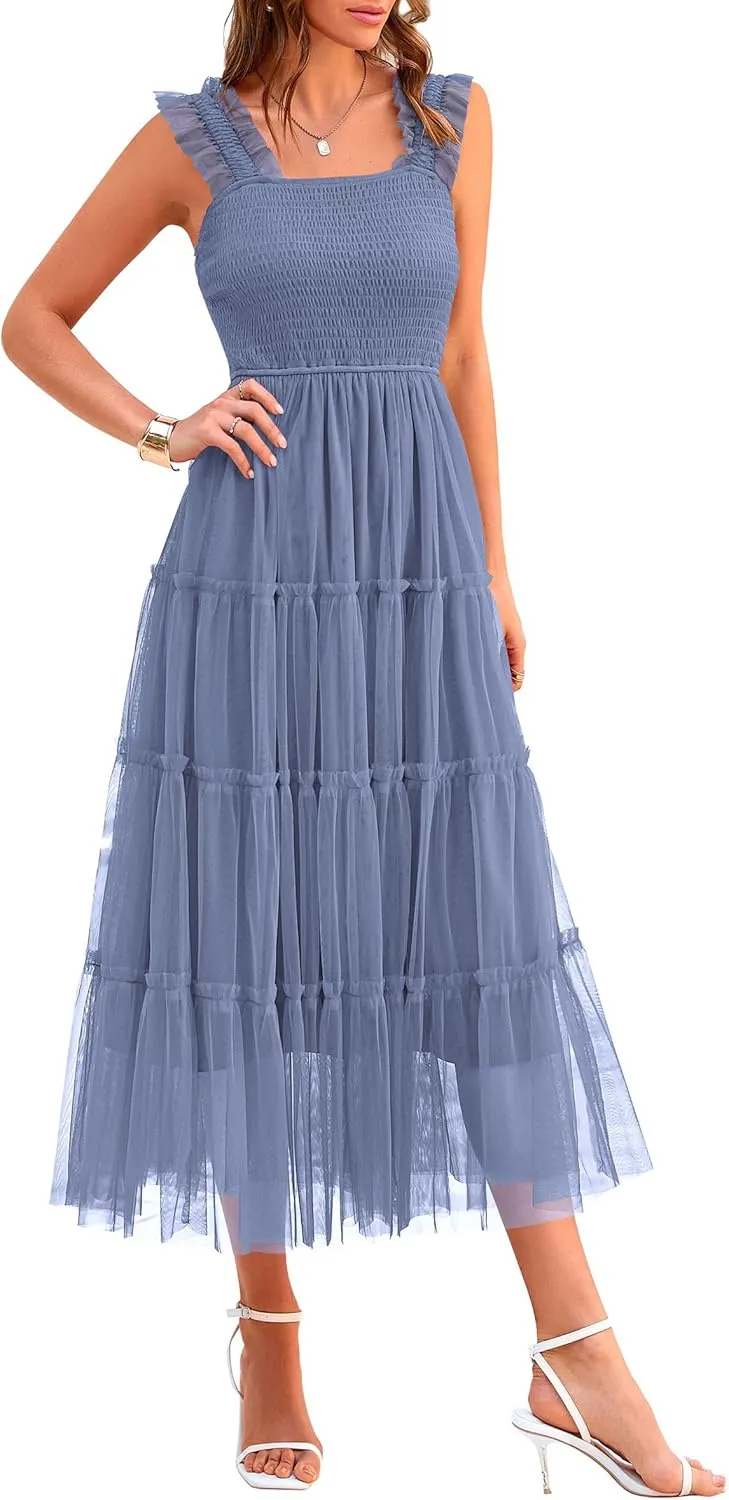 PRETTYGARDEN Women's Summer Tulle Midi Dress Sleeveless Smocked Ruffle Mesh Flowy Dresses Party Wedding Guest Sundress