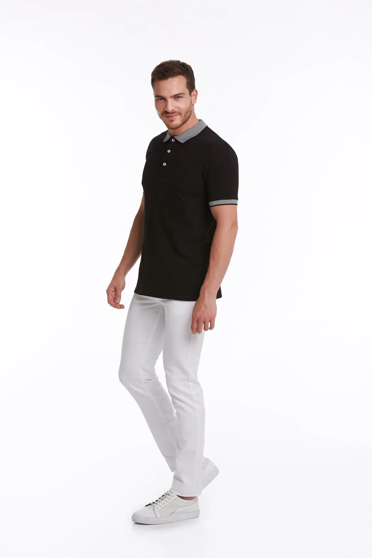 Regular Fit Gray Collar Cotton Black Polo T-Shirt