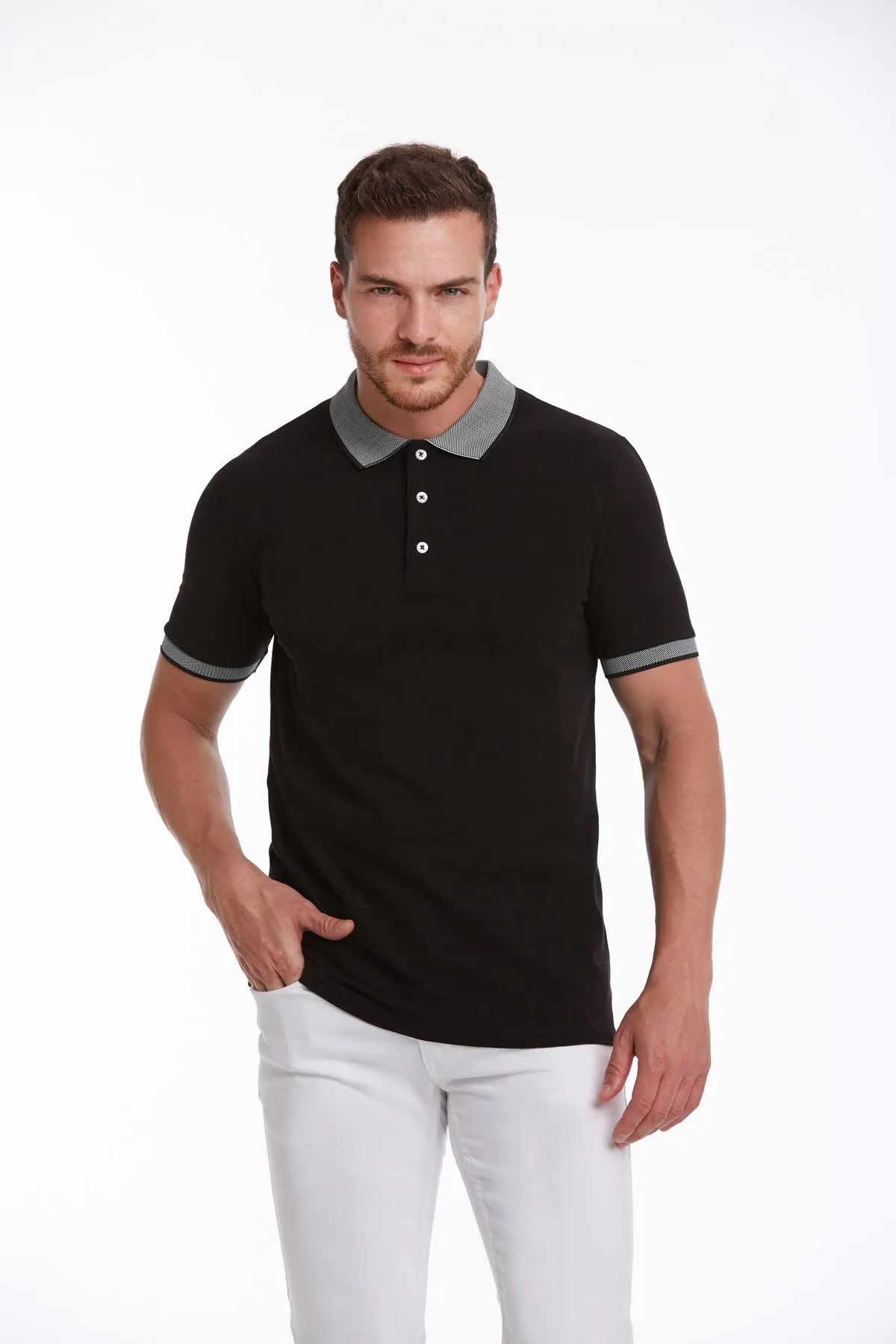 Regular Fit Gray Collar Cotton Black Polo T-Shirt
