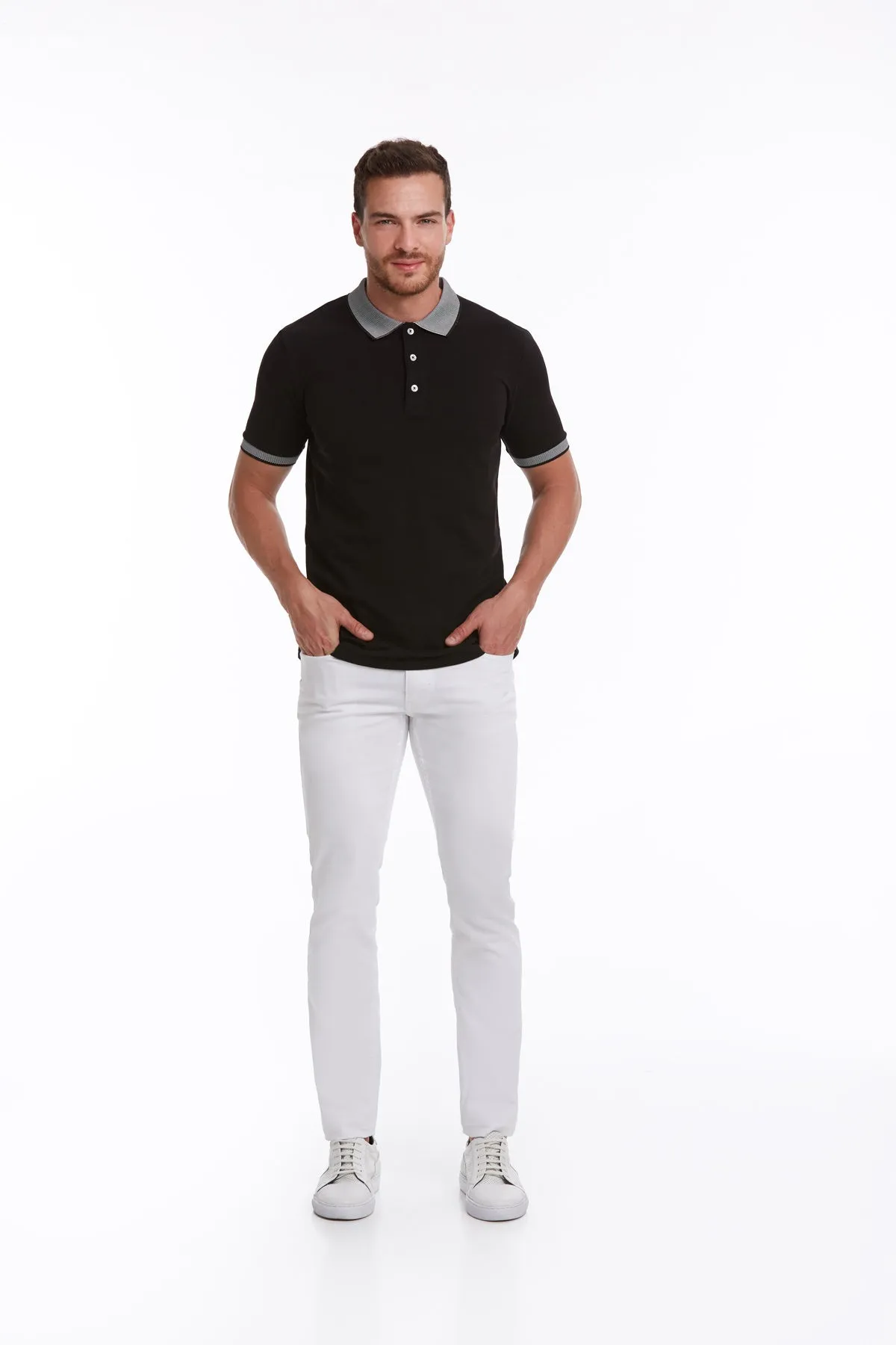 Regular Fit Gray Collar Cotton Black Polo T-Shirt