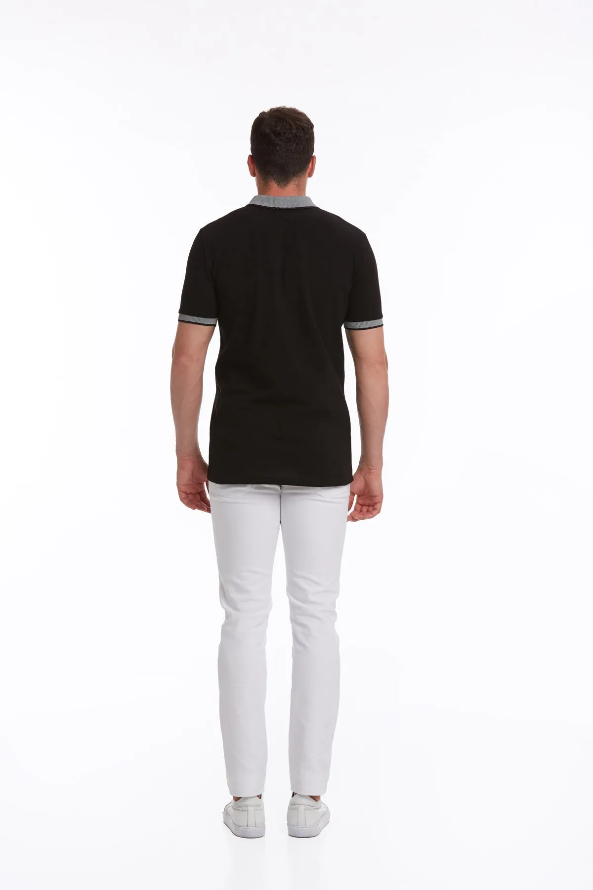 Regular Fit Gray Collar Cotton Black Polo T-Shirt
