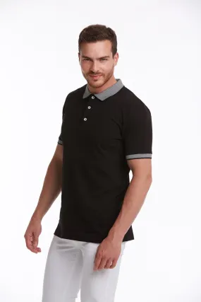 Regular Fit Gray Collar Cotton Black Polo T-Shirt