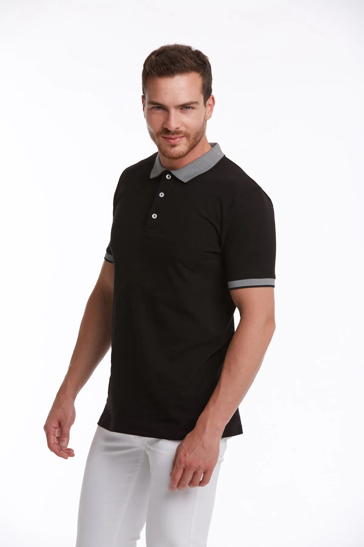 Regular Fit Gray Collar Cotton Black Polo T-Shirt