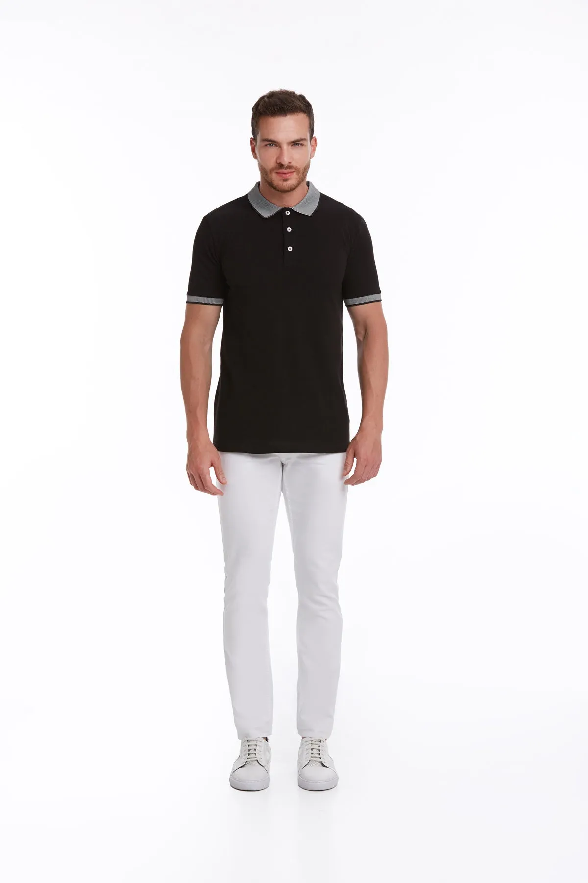 Regular Fit Gray Collar Cotton Black Polo T-Shirt