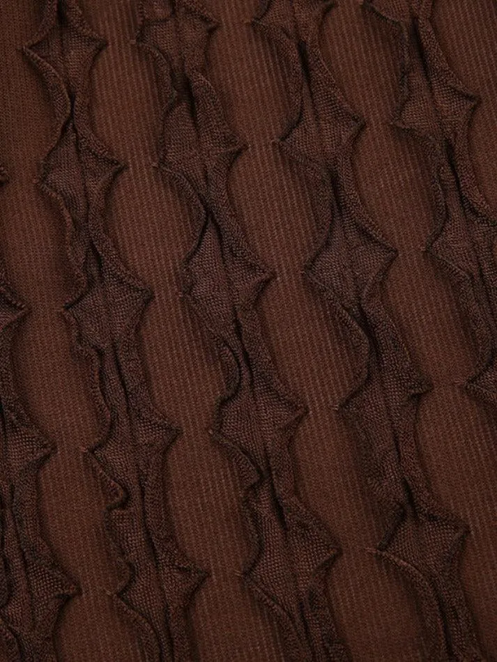 Retro Brown Textured Butterfly Print Lacing Long Sleeve Blouse