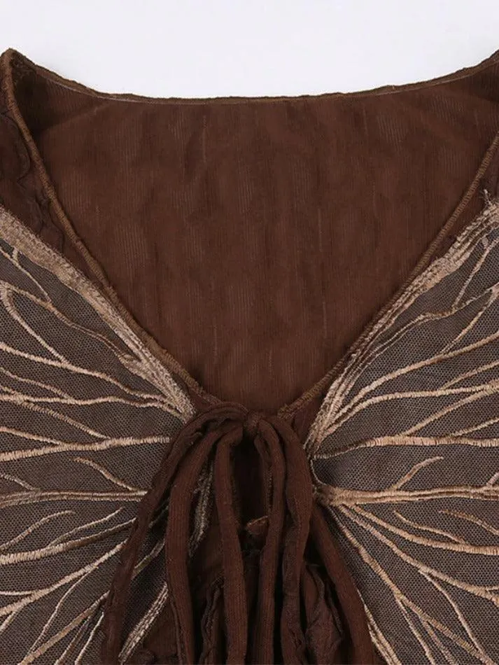 Retro Brown Textured Butterfly Print Lacing Long Sleeve Blouse