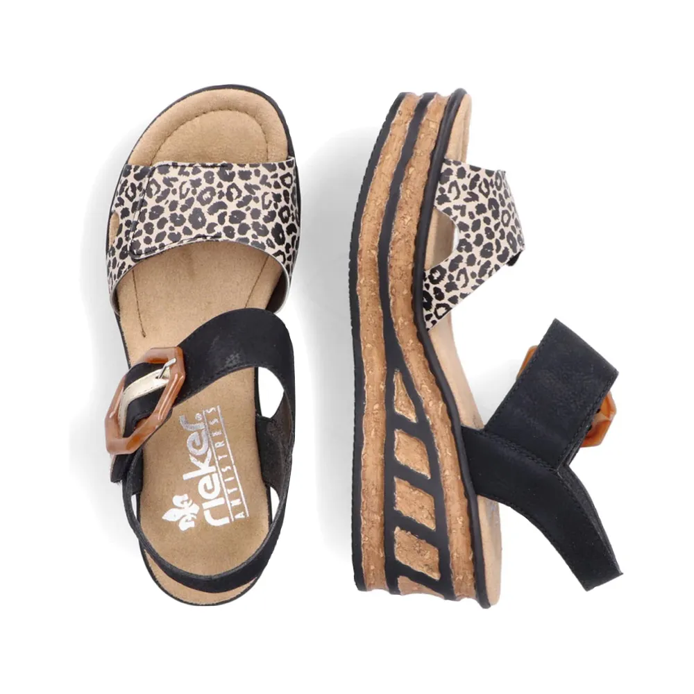 Rieker Women's Rose 76 Buckle Strap Wedge Sandal (Black Multi)
