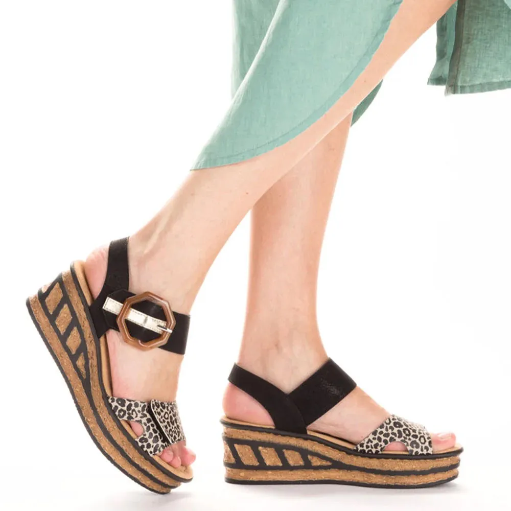 Rieker Women's Rose 76 Buckle Strap Wedge Sandal (Black Multi)
