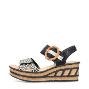 Rieker Women's Rose 76 Buckle Strap Wedge Sandal (Black Multi)