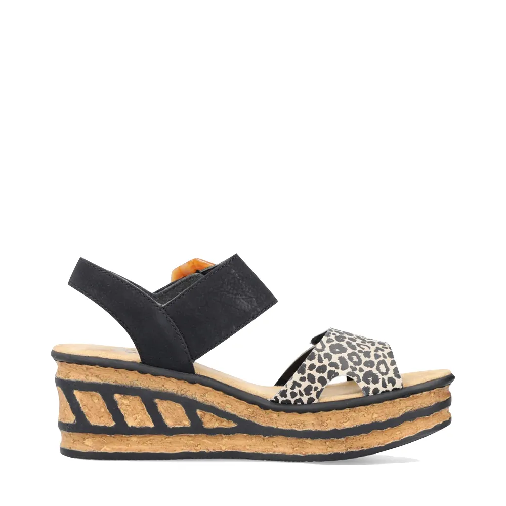Rieker Women's Rose 76 Buckle Strap Wedge Sandal (Black Multi)