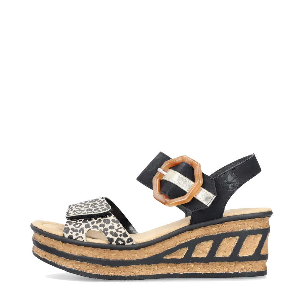 Rieker Women's Rose 76 Buckle Strap Wedge Sandal (Black Multi)