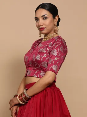 Riyana x Tyohaar | Elbow Sleeves Satin Viscose Saree Blouse in Red Meenakari Fabric