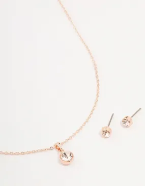 Rose Gold Bezel Bohemia Czech Crystal Necklace & Stud Earrings Set