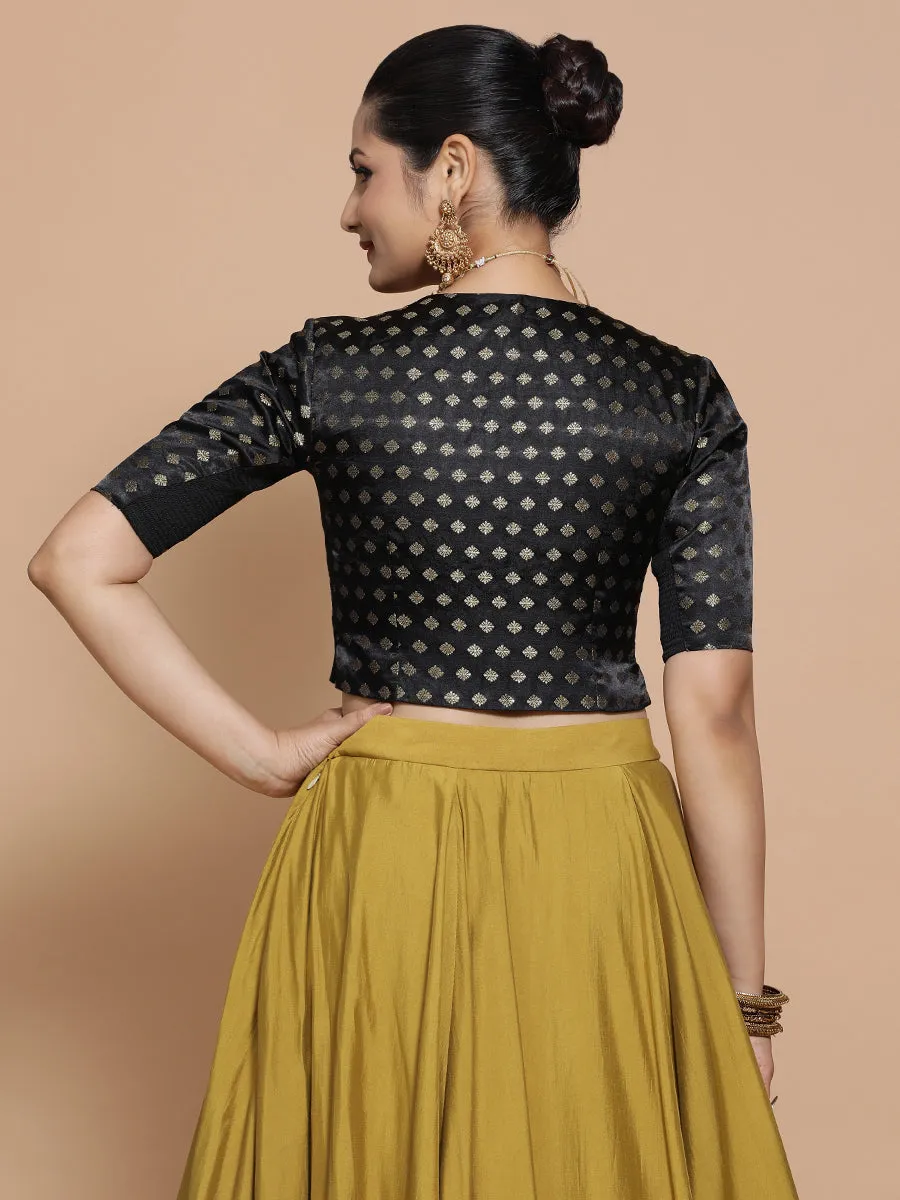 Ruhi x Tyohaar | Elbow Sleeves Satin Viscose Saree Blouse in Black Butta Fabric