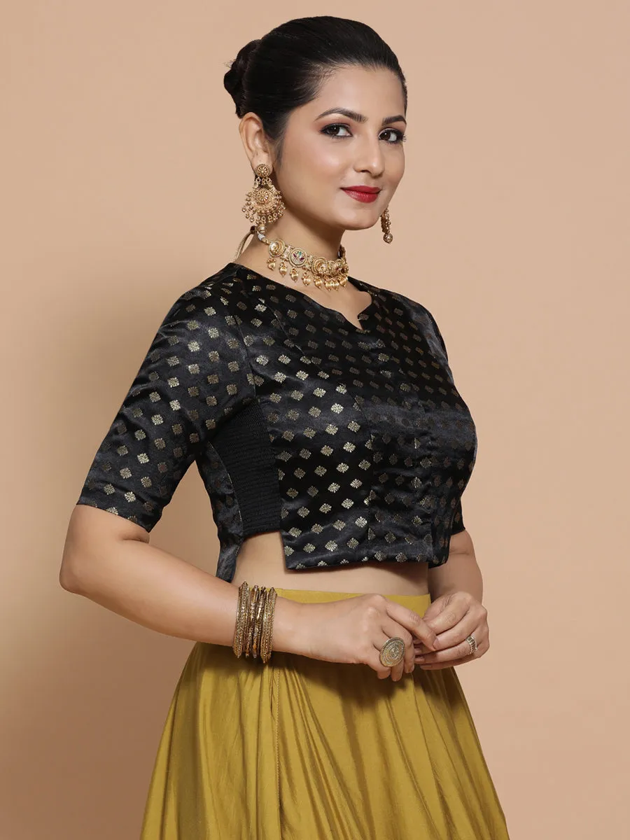Ruhi x Tyohaar | Elbow Sleeves Satin Viscose Saree Blouse in Black Butta Fabric