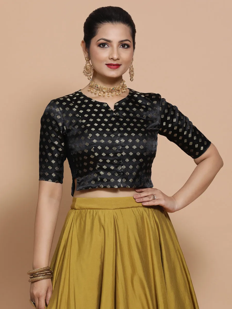 Ruhi x Tyohaar | Elbow Sleeves Satin Viscose Saree Blouse in Black Butta Fabric
