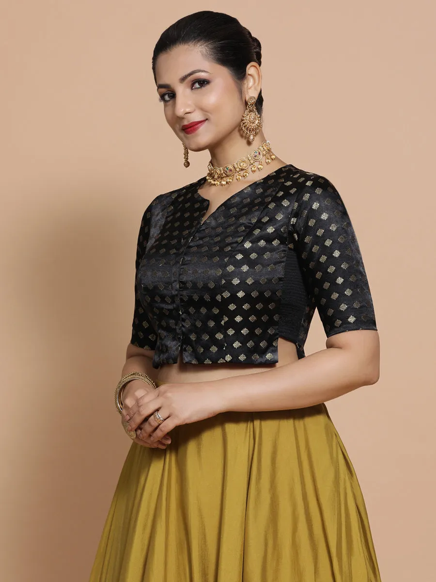 Ruhi x Tyohaar | Elbow Sleeves Satin Viscose Saree Blouse in Black Butta Fabric