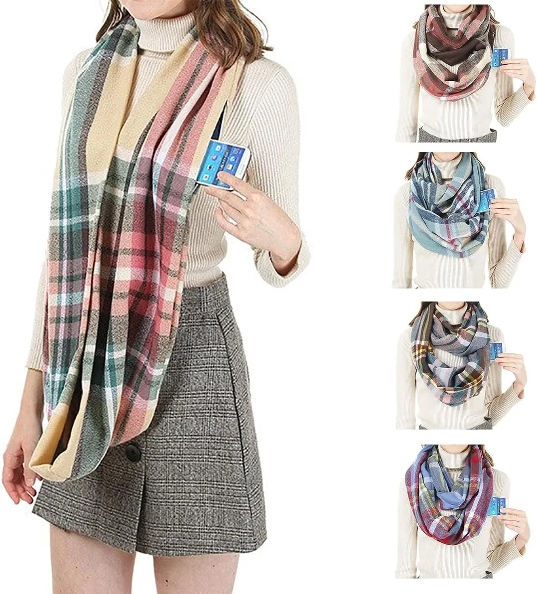 stylesilove Winter Plaid Infinity Scarf with Hidden Zipper Pocket Fashion Travel Scarf for Women and Men