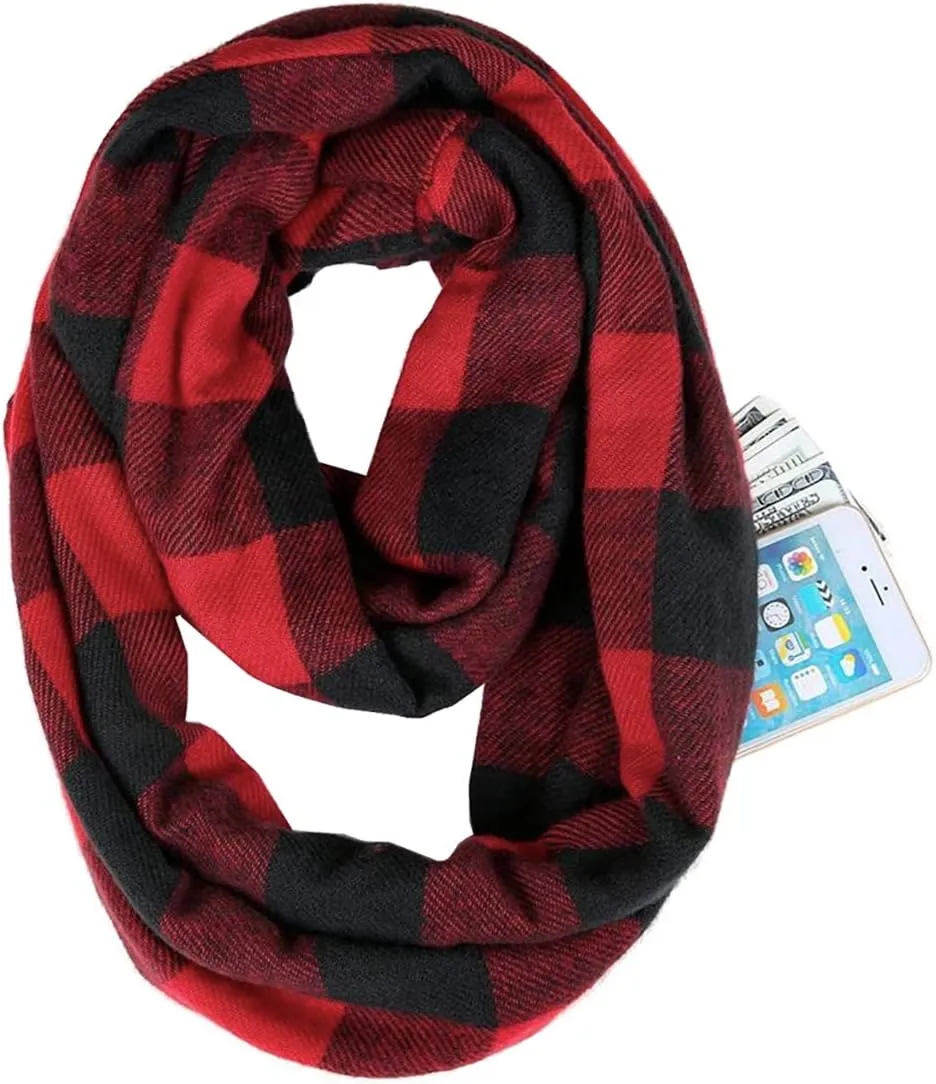 stylesilove Winter Plaid Infinity Scarf with Hidden Zipper Pocket Fashion Travel Scarf for Women and Men