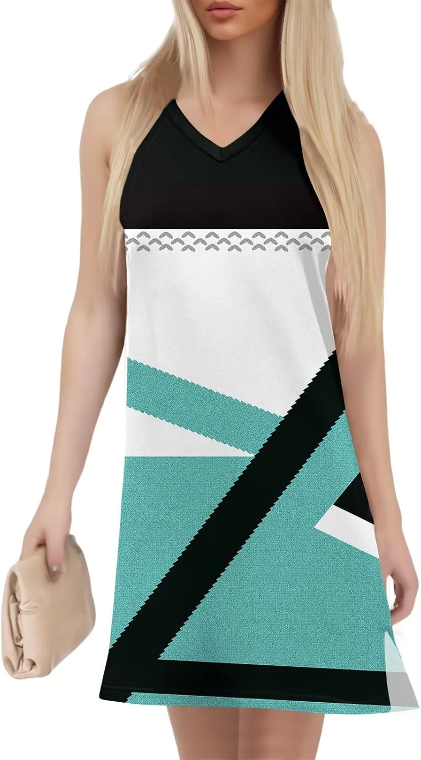 Summer Dresses for Women Casual V Neck Sleeveless Geometric Print Chic Loose Beach Short Shift Dress with Split