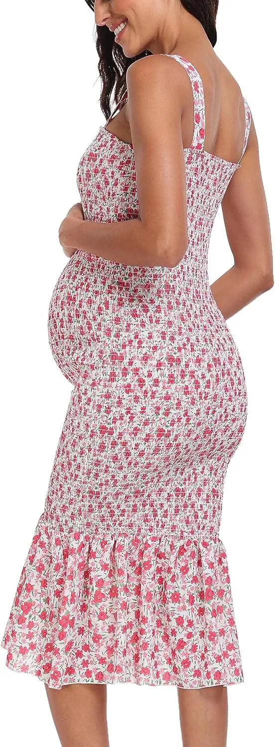 Summer Tank Maternity Dress Sleeveless Strappy Floral Midi Bodycon Square Neck Ruffle Mermaid Smocked Dress for Baby Shower