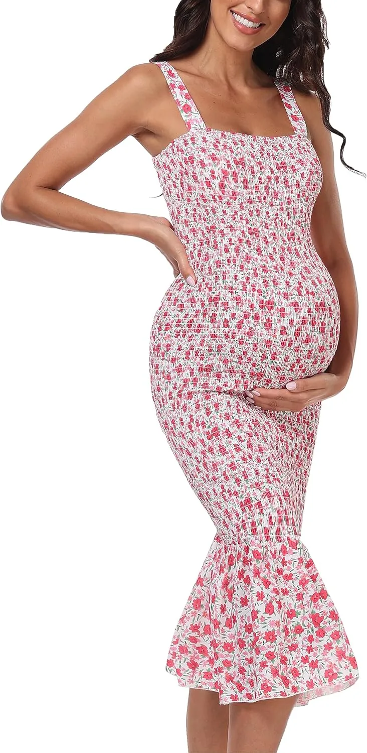 Summer Tank Maternity Dress Sleeveless Strappy Floral Midi Bodycon Square Neck Ruffle Mermaid Smocked Dress for Baby Shower