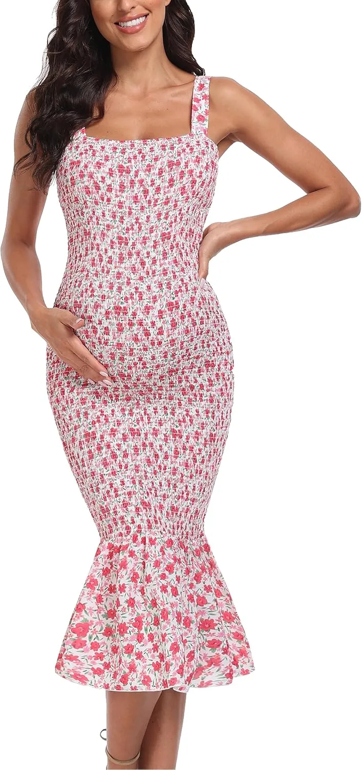 Summer Tank Maternity Dress Sleeveless Strappy Floral Midi Bodycon Square Neck Ruffle Mermaid Smocked Dress for Baby Shower