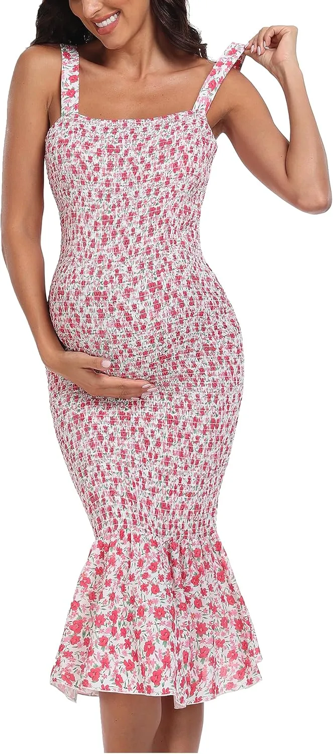 Summer Tank Maternity Dress Sleeveless Strappy Floral Midi Bodycon Square Neck Ruffle Mermaid Smocked Dress for Baby Shower