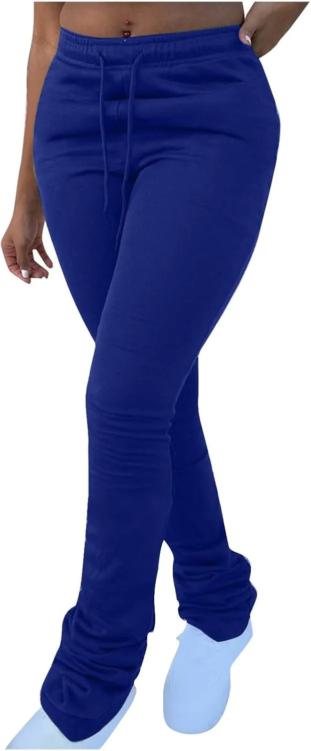 Sweats for Women Solid Drawstring Waist Sweatpants Stacked Pants Thermal Winter Sweatpants Fleece Lined Sweatpants