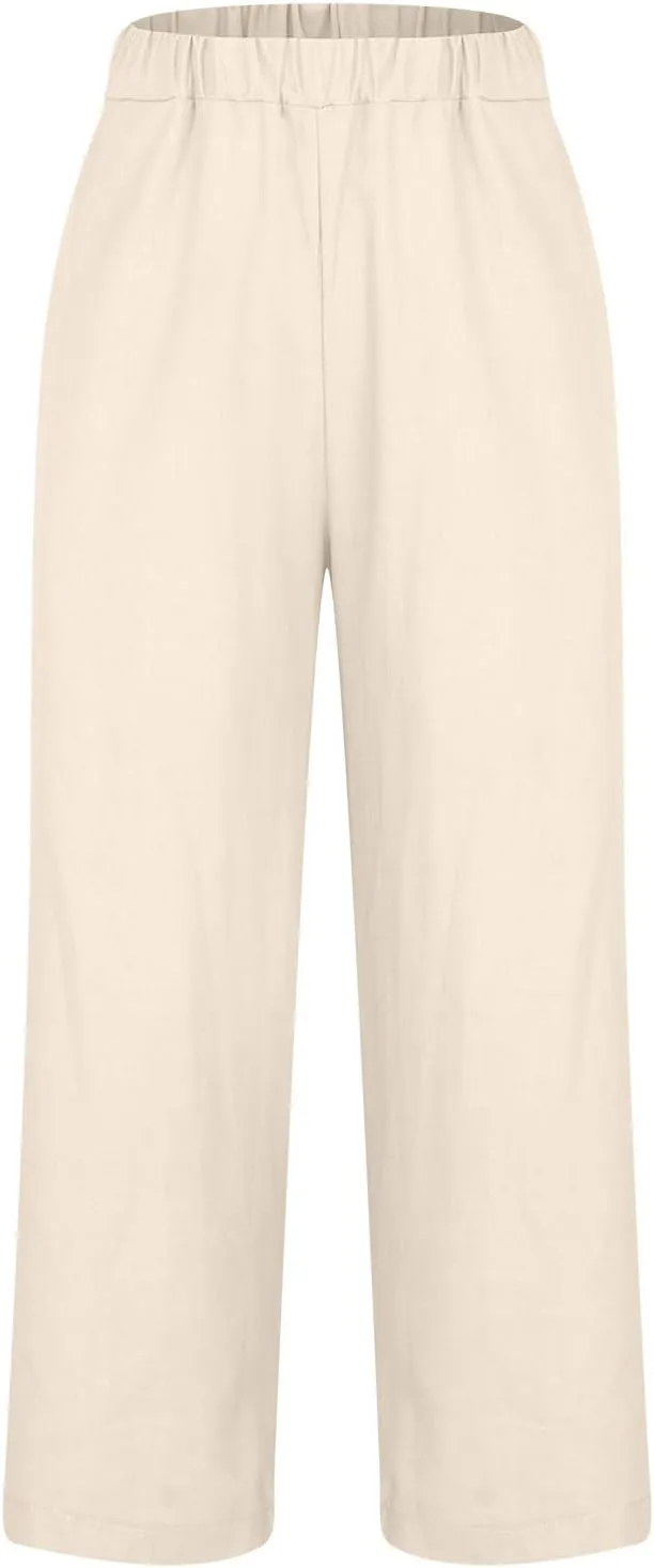 TANGNADE Women Cotton Linen Pants with Pockets Plus Size Summer Casual Lounge Pant Comfy Elastic Waist Straight Trouser