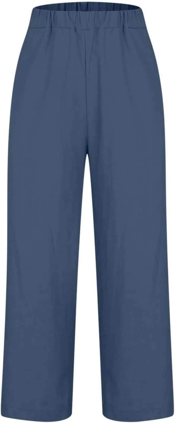 TANGNADE Women Cotton Linen Pants with Pockets Plus Size Summer Casual Lounge Pant Comfy Elastic Waist Straight Trouser