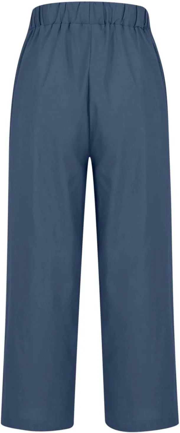 TANGNADE Women Cotton Linen Pants with Pockets Plus Size Summer Casual Lounge Pant Comfy Elastic Waist Straight Trouser