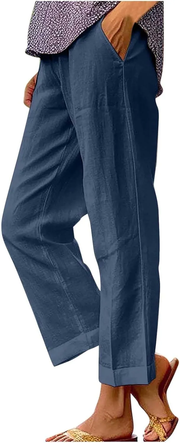 TANGNADE Women Cotton Linen Pants with Pockets Plus Size Summer Casual Lounge Pant Comfy Elastic Waist Straight Trouser