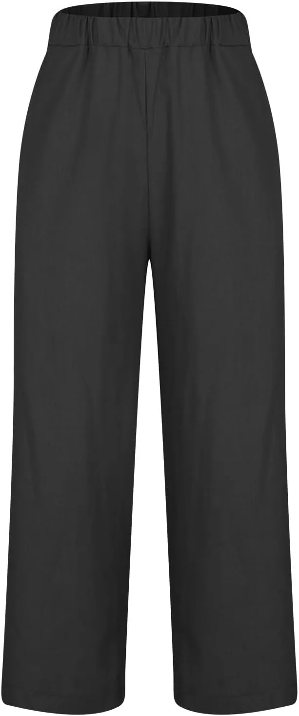 TANGNADE Women Cotton Linen Pants with Pockets Plus Size Summer Casual Lounge Pant Comfy Elastic Waist Straight Trouser