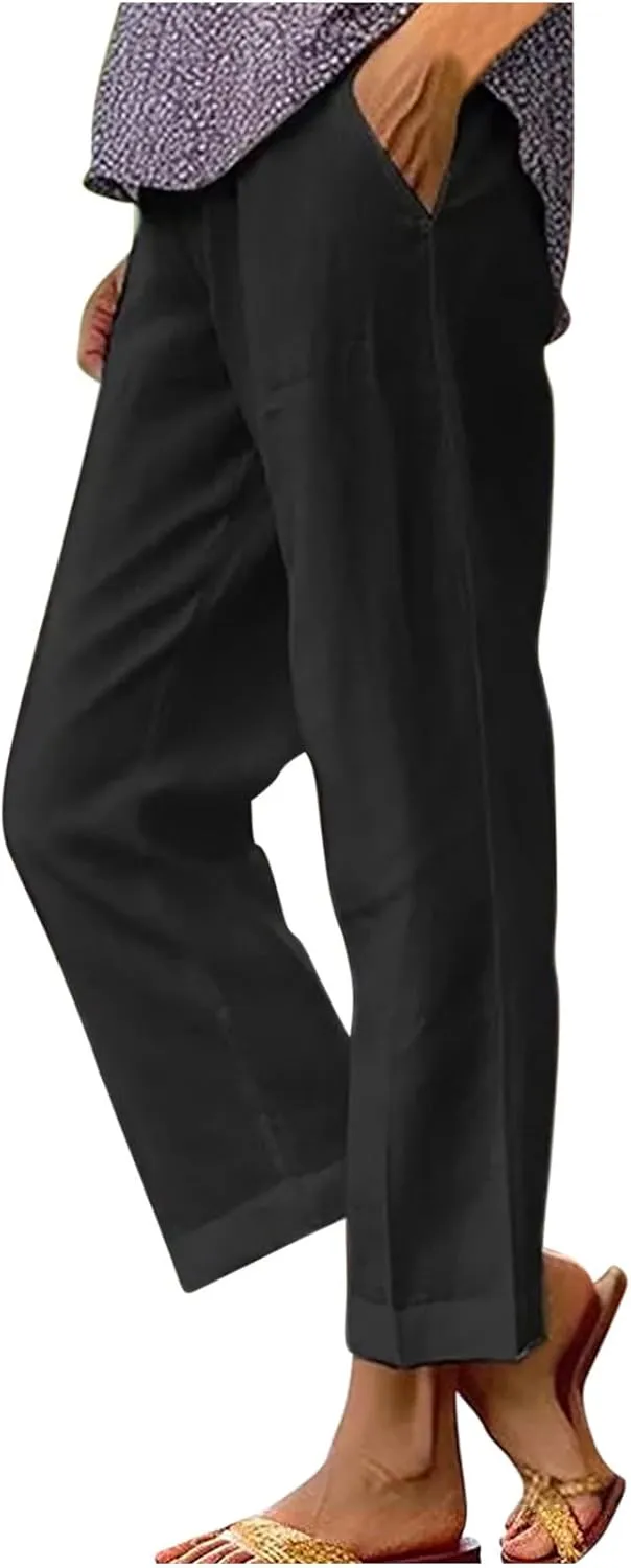 TANGNADE Women Cotton Linen Pants with Pockets Plus Size Summer Casual Lounge Pant Comfy Elastic Waist Straight Trouser