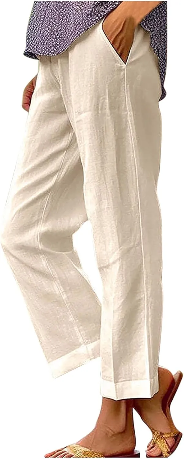 TANGNADE Women Cotton Linen Pants with Pockets Plus Size Summer Casual Lounge Pant Comfy Elastic Waist Straight Trouser