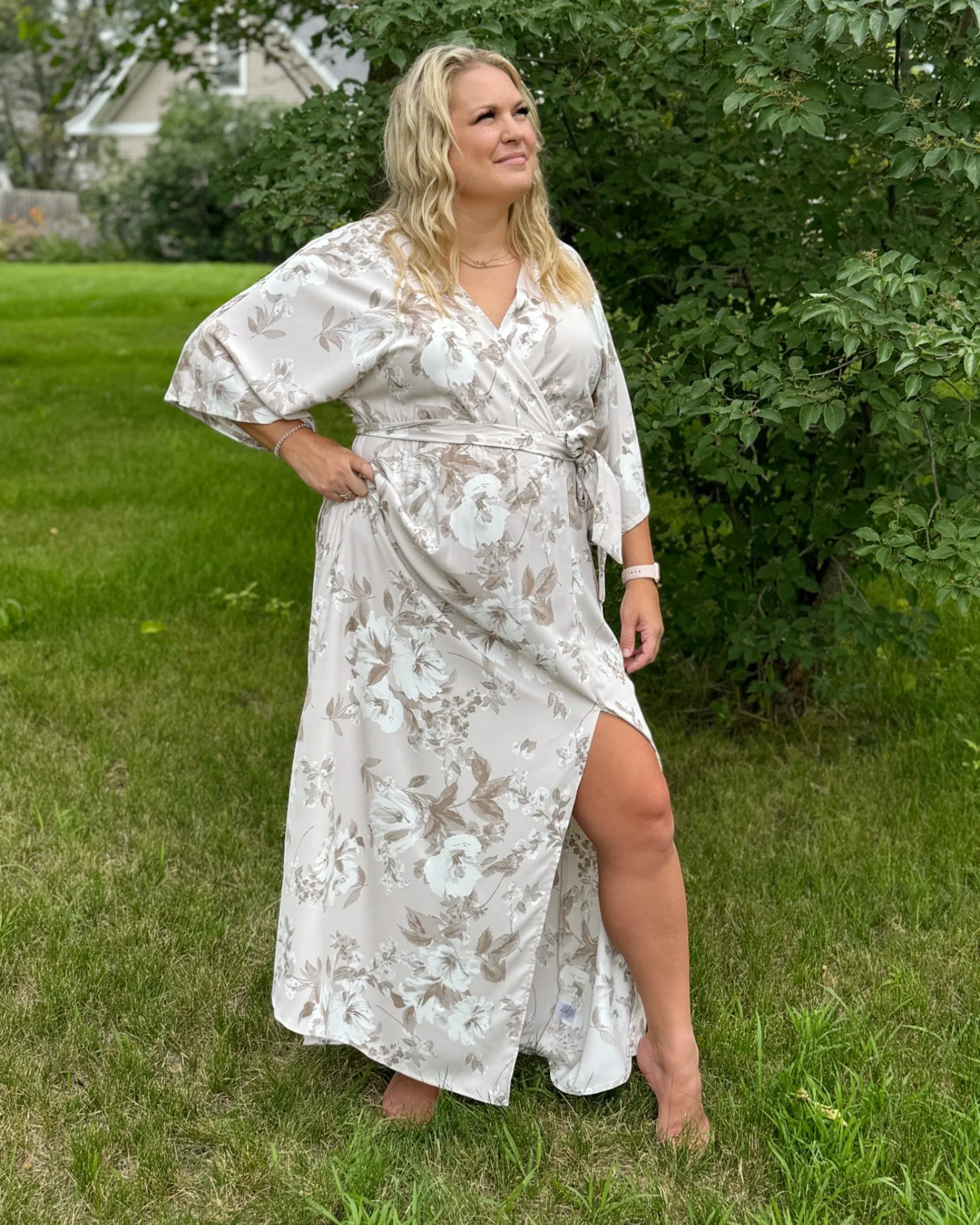 Taupe Floral Belted Maxi Wrap Dress