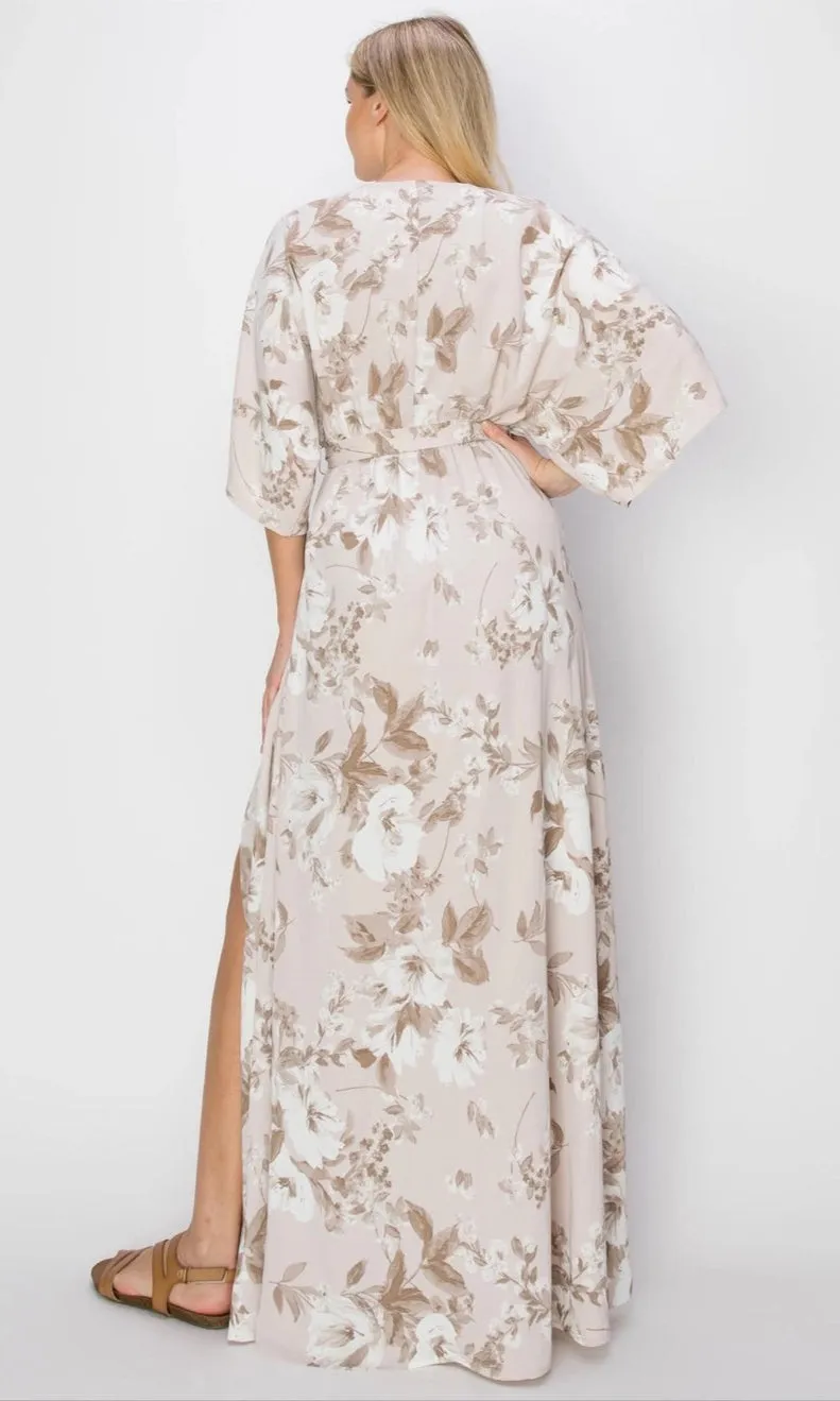 Taupe Floral Belted Maxi Wrap Dress