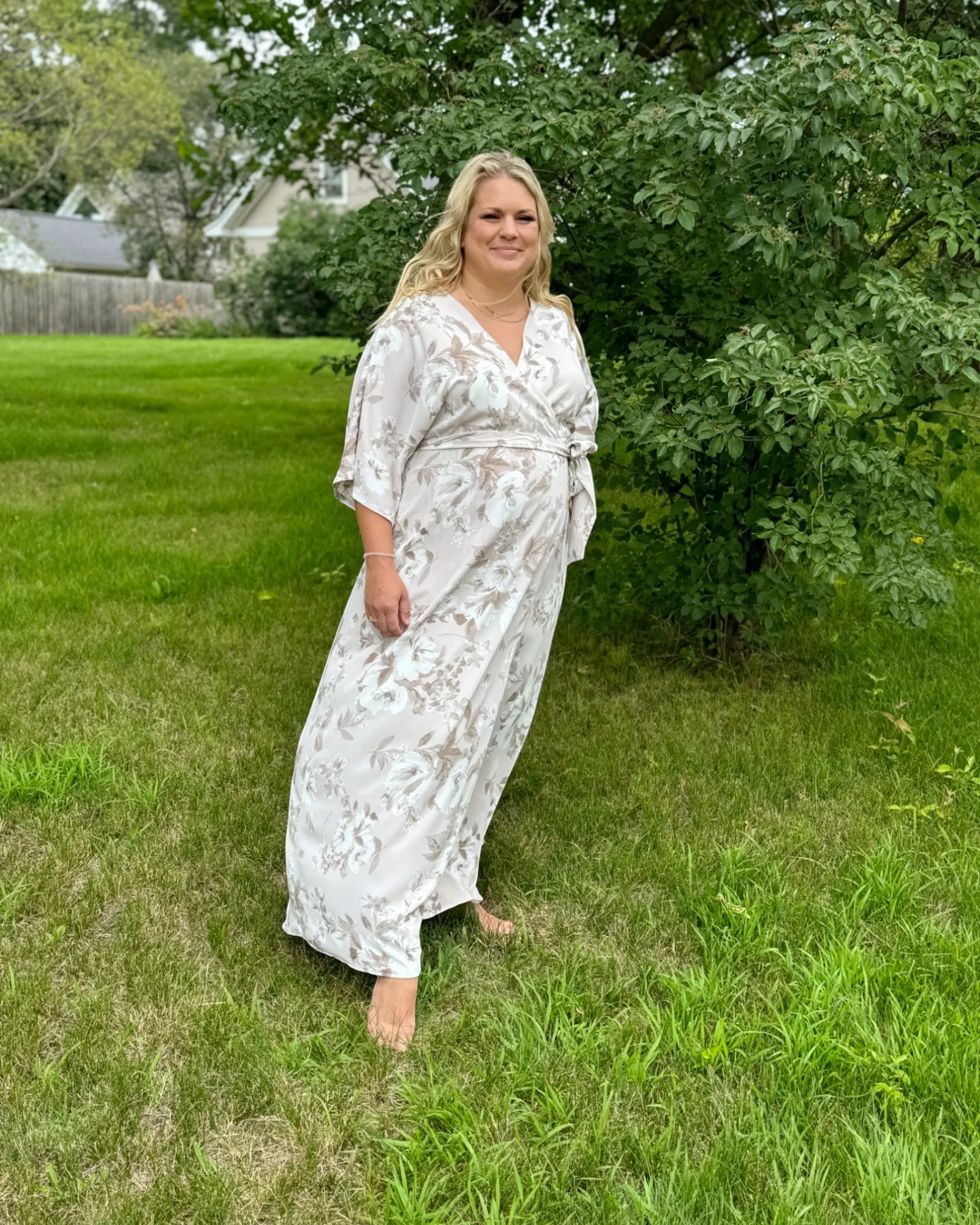 Taupe Floral Belted Maxi Wrap Dress