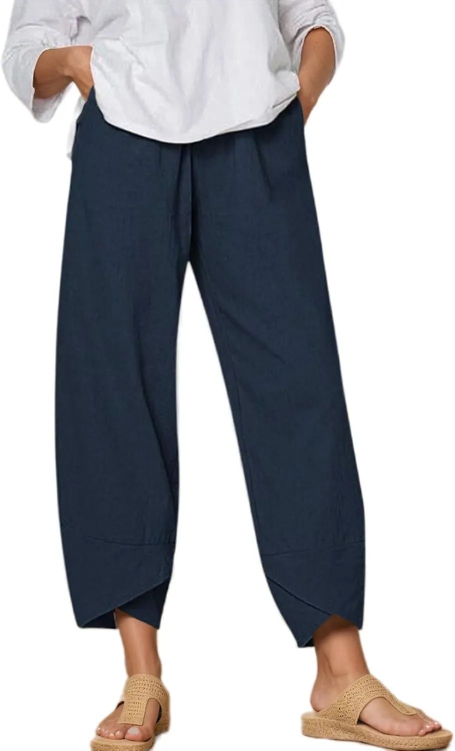 TIAFORD Women's Cotton Linen Capri Pants Casual Elastic Waist Baggy Trousers Comfy Wide Leg Beach Lounge Cropped Pants