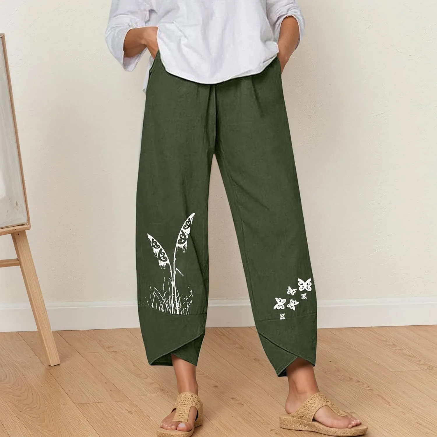 TIAFORD Women's Cotton Linen Capri Pants Casual Elastic Waist Baggy Trousers Comfy Wide Leg Beach Lounge Cropped Pants