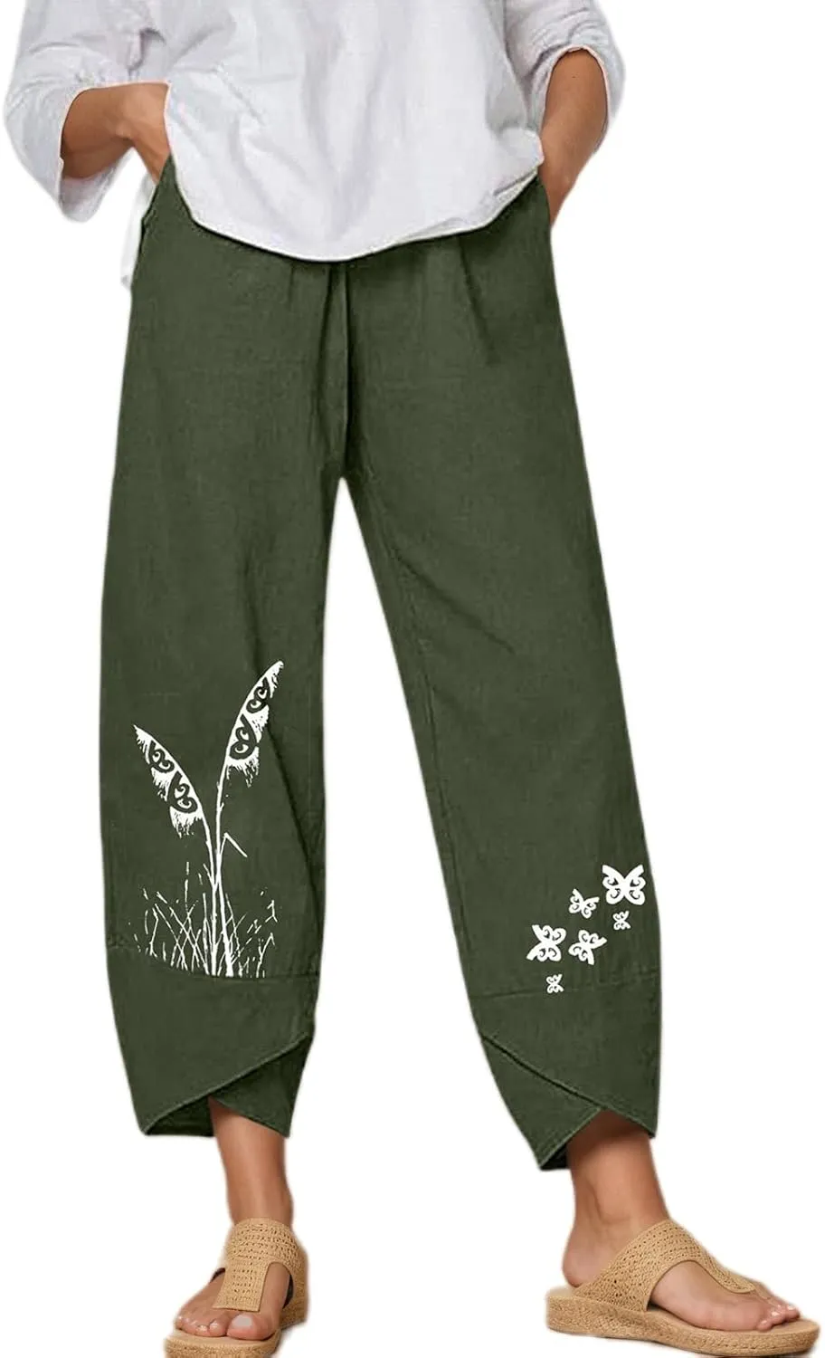 TIAFORD Women's Cotton Linen Capri Pants Casual Elastic Waist Baggy Trousers Comfy Wide Leg Beach Lounge Cropped Pants