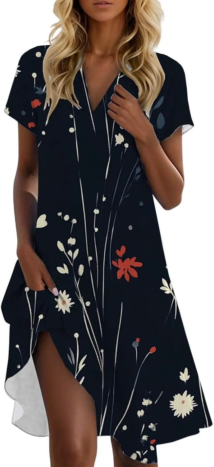 Tshirt Dresses for Women Summer Chic Boho Floral Patterned Dress Short Sleeve Lapel V Neck Flowy Resort Sundress