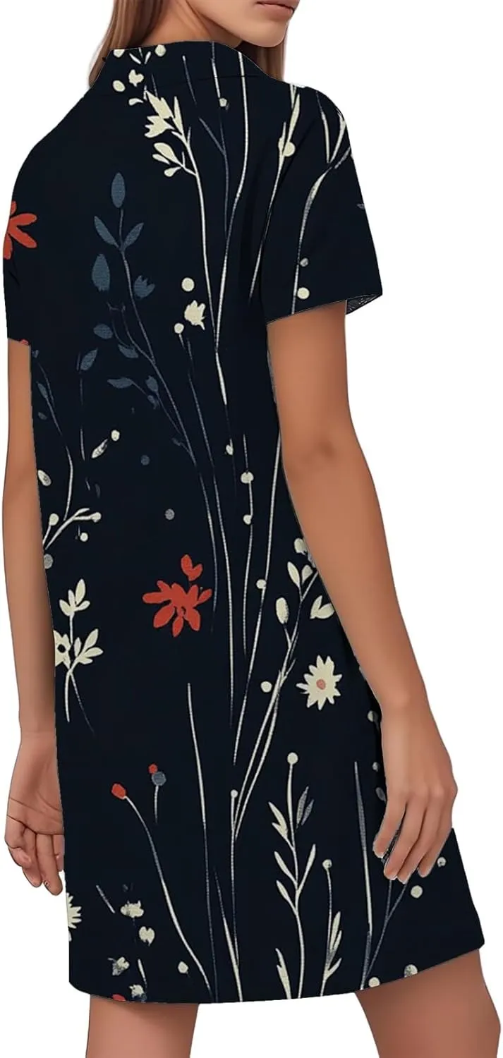 Tshirt Dresses for Women Summer Chic Boho Floral Patterned Dress Short Sleeve Lapel V Neck Flowy Resort Sundress