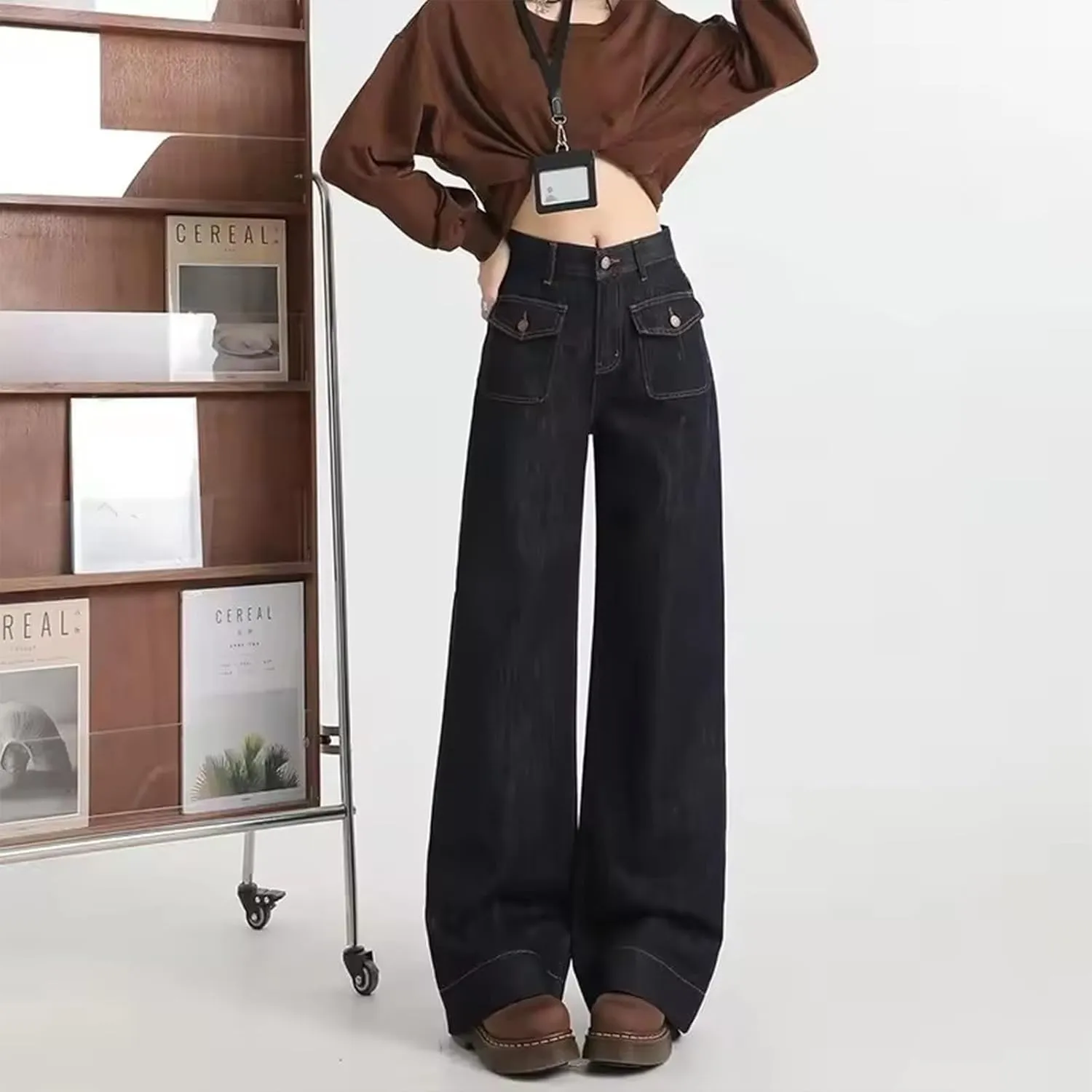 Tummy Control Sailor Wide Leg Trouser, High Waisted Wide Leg Straight Stretchy Denim Chiccurva Pants for Women