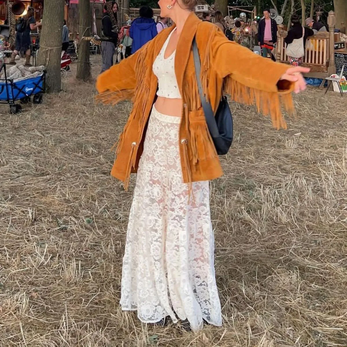 Women Aesthetic Sheer Floral Lace A Line Maxi Skirt See Through Elastic Low Waist Tiered Ruffle Hem Long Skirts