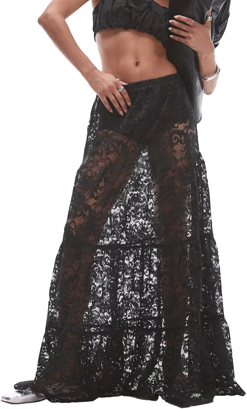 Women Aesthetic Sheer Floral Lace A Line Maxi Skirt See Through Elastic Low Waist Tiered Ruffle Hem Long Skirts